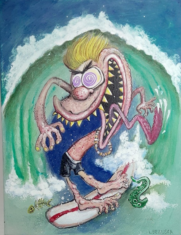 ORIGINAL PAINTING «FINK SURFER» Kustom Kulture Retro Kitsch Hot Rod Monster art