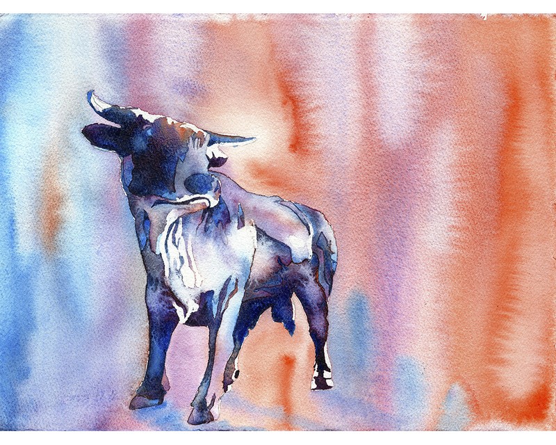 Durham Bull statue- fine art watercolor painting of Durham Bull, NC (original)