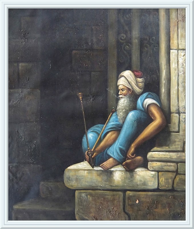 Large Moroccan Original Painting Canvas Old Man Smoking Unframed. gallery