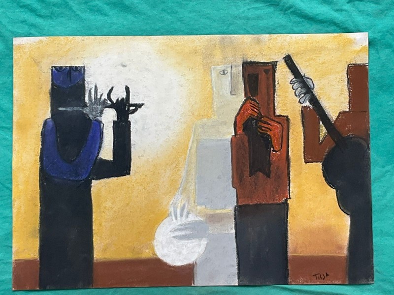 Tilsa Tsuchiya drawing and painting on old paper signed stamped vintage