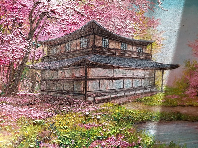 Japanese morning Cherry tree oil painting. Blossoming sakura art. Japan house gallery