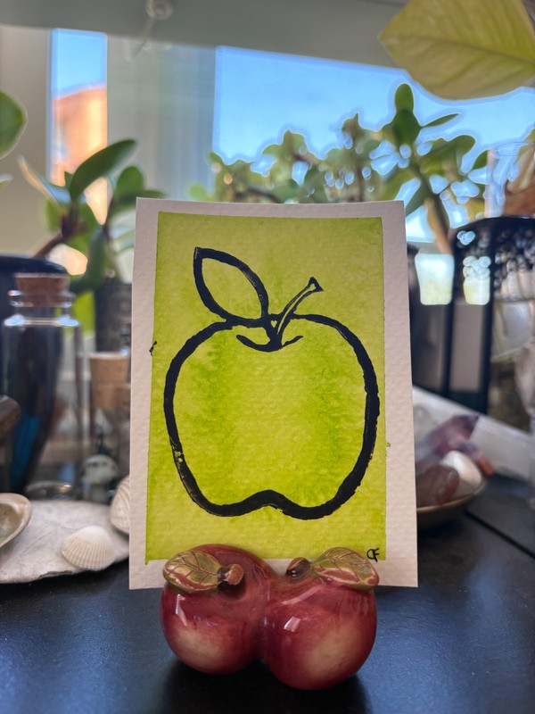 Original ACEO Fruit Apple 2.5×3.5 Watercolor Painting Block Lino Print
