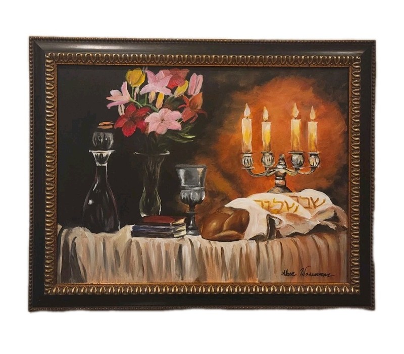 Original Oil On Canvas Painting Signed Wasserman Judaica Shabbat Still Life