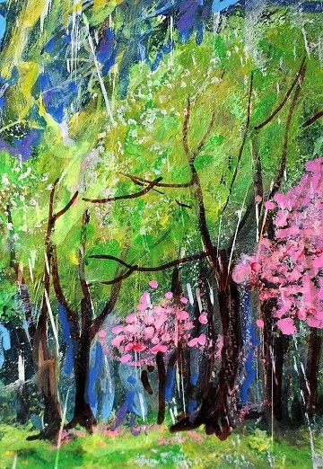 ACEO Original PAINTING Spring TREES Storm Flowers Rain Nature Landscape ATC ART