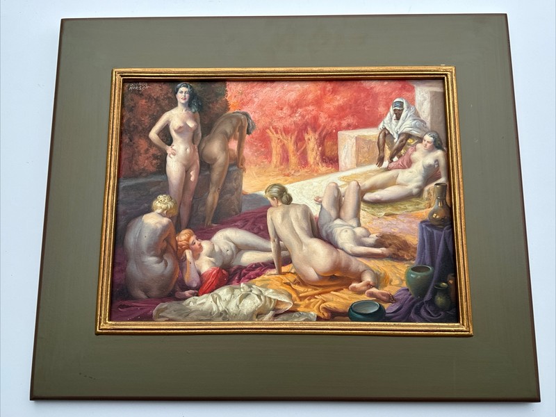 ANTIQUE PAINTING ART DECO MASTERFUL SUN BATHERS FAMOUS GEORGE HIRSCH Listed