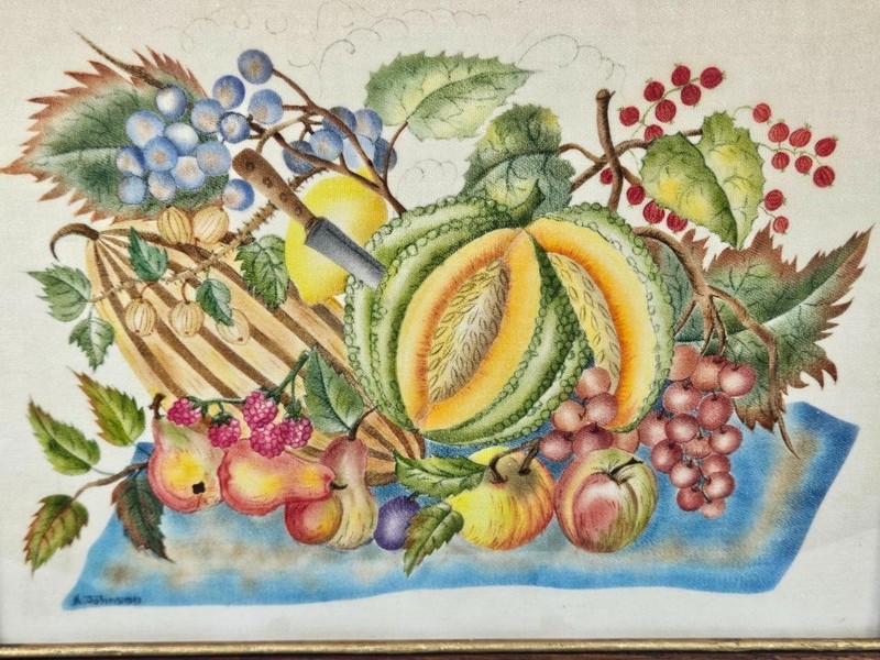 Vtg Folk Art Framed Fruit Theorem Painting Velvet Signed A. Johnson 16" x 13" gallery
