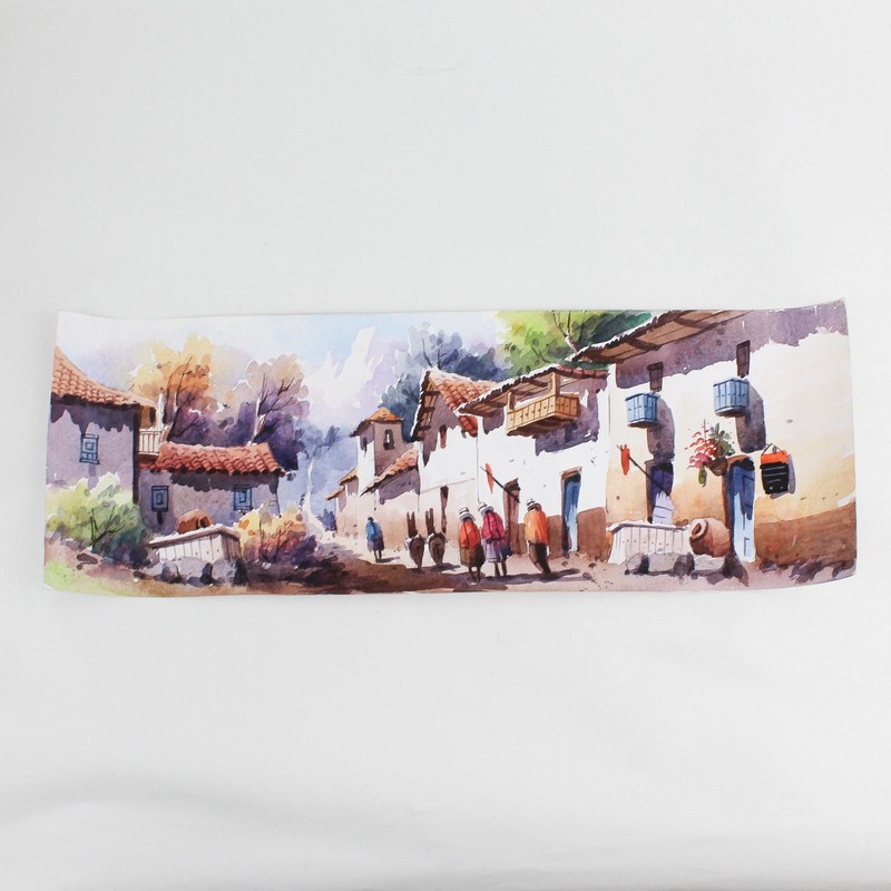 Peruvian Village Signed Original Watercolor Landscape Painting 7″ x 19.5″