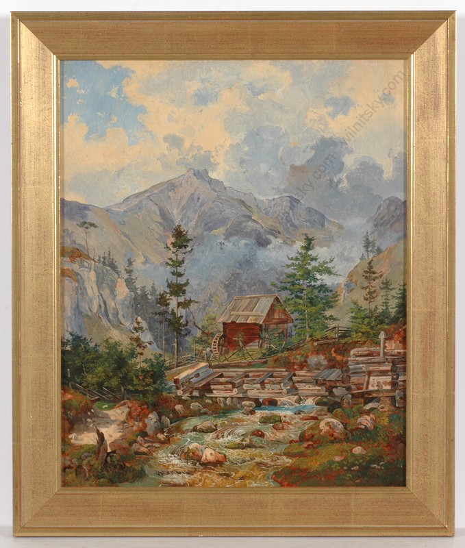 «Water-mill in the mountains», Austrian School, oil painting, 1840/50s