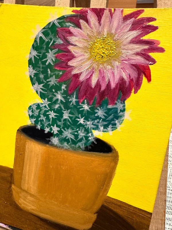 Oil Painting Blooming Cactus In A Pot Indoor Plants Succulents Flowers Wall Deco