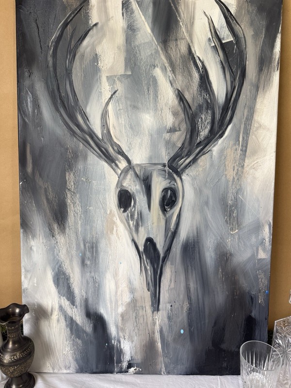 Large 36x24 Abstract Deer Skull Painting Black White Can. Modern Rustic Wall Art gallery