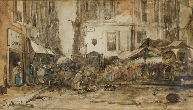 Mid 19th Century Watercolour - Market in Rotterdam gallery