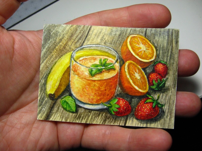 Watercolor Painting Fruit Smoothie Glass Drink Strawberry Banana Orange ACEO Art gallery