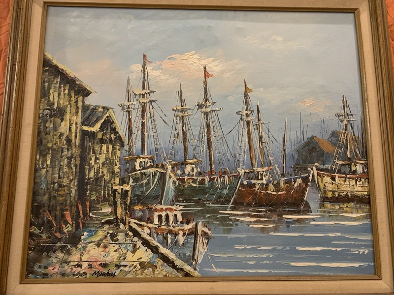 VTG Framed Oil Painting Sail Boats In Harbor Impressionist, 29x25”, Signed gallery