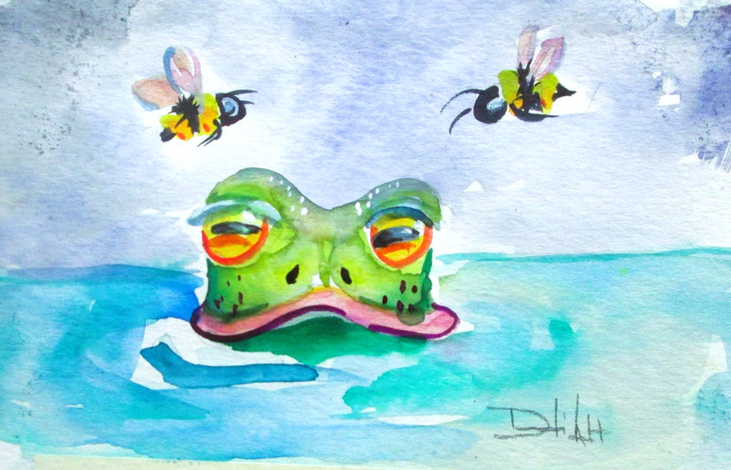 Delilah pond frog bee impressionism 6×9 watercolor contemporary COA
