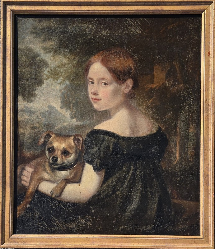 BRITISH MASTER PAINTING PUG DOG REDHEAD GIRL GEORGE ROMNEY ANTIQUE PAINTING UK