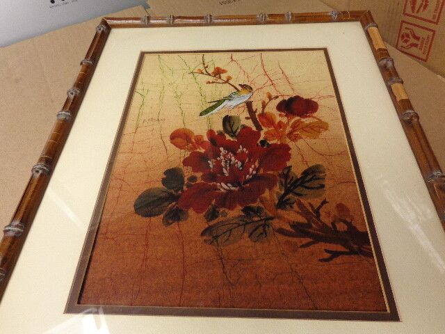P.CHAN SIGNED ORIGINAL PAINTING BATIK BIRD FRAMED AND MATTED OIL ON FABRIC VINTA