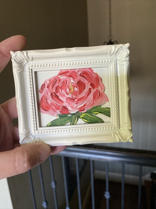 Rose,Peony,flowers, Acrylic Painting On Paper,framed,cute,funny,miniature,3/4