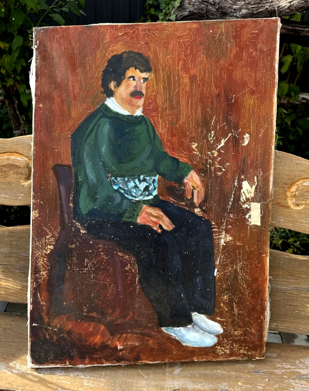 Handmade oil painting man Ukrainian vintage 1960s Length 27inch Width20 gallery