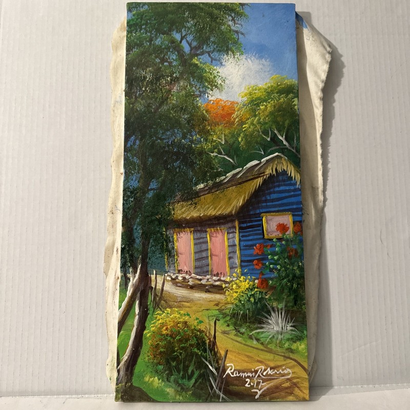 Original Signed Ramon Rosario Painting 2017 – Tropical House Landscape 17”x9”