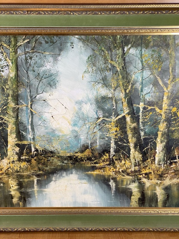 Signed Hans Heimo Scheffel "Calm Forrest" Large Vintage Oil On Canvas Painting gallery