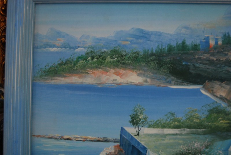 VTG SIGNED FRAMED ORIGINAL OIL MEDITERRANEAN SHORE SEASCAPE ARTIST: TONNIE BARR gallery