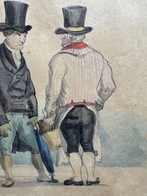 Antique Regency Watercolor Ink Drawing Gentlemen Top Hats Humorous Caption gallery
