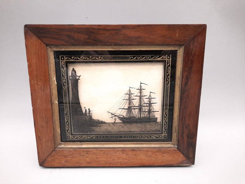 Antique Royal Navy H.M.S Frigate Sirius Reverse Painting Sillouette 9 x 7″ Rare