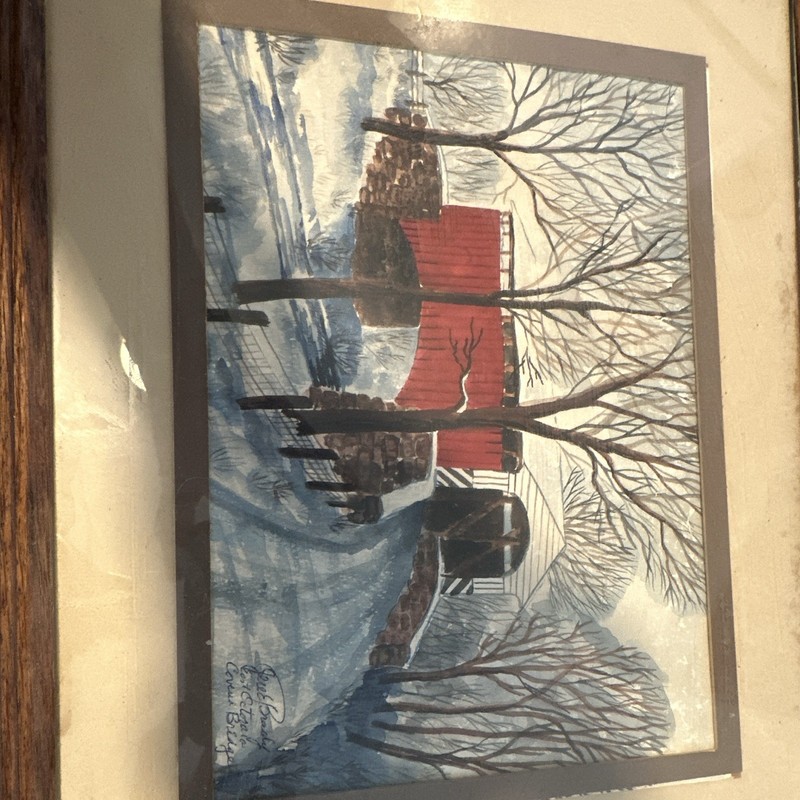 Anne Brady Signed Original Watercolor Red Barn Winter Landscape Framed