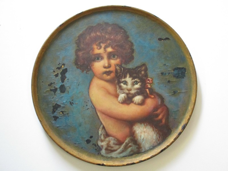 ANTIQUE PORTRAIT PAINTING ON WOOD CHARGER PLATE CAT KITTEN CHILD GIRL VINTAGE