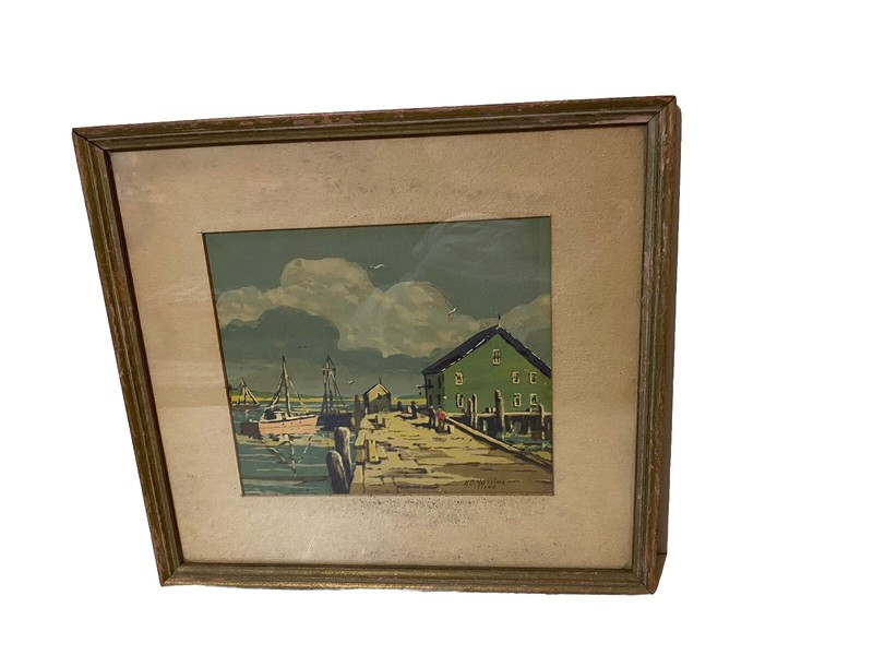 H B Mussina (1903 - 1969 US) Original Harbor Scene Gouache Painting C1946 gallery