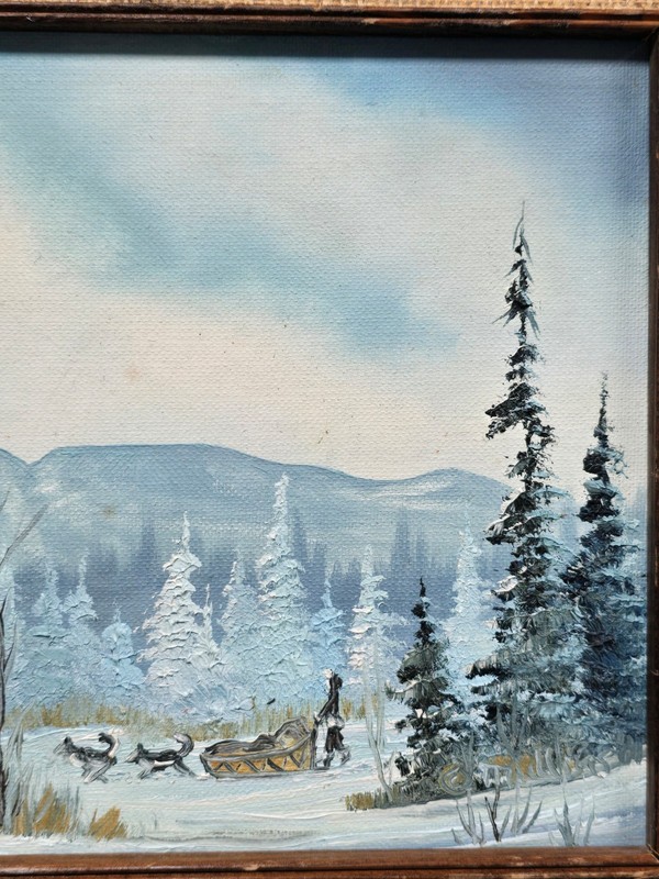 Alaska Winter Scene Painting Sleeping Lady Mt. Susitna Husky Dog Sled Team gallery