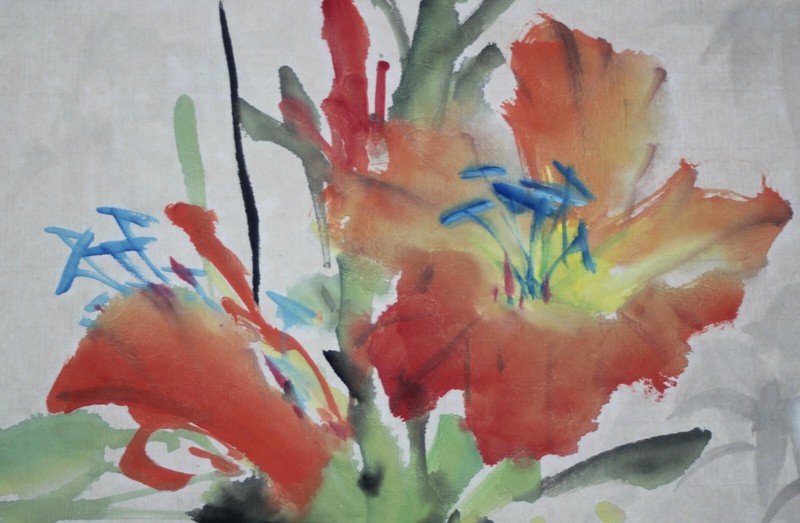 Karl J. Feng "Spring Time" original watercolor painting signed w card 26" frame gallery