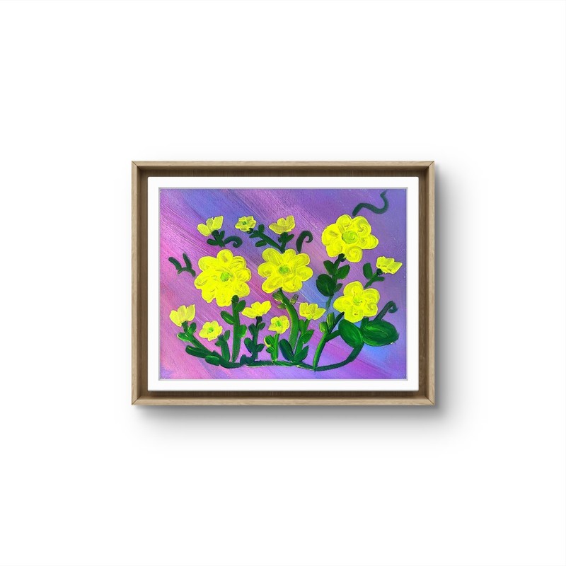 Yellow Floral Acrylic Painting Purple Flower Wall Art Original 11x14 gallery