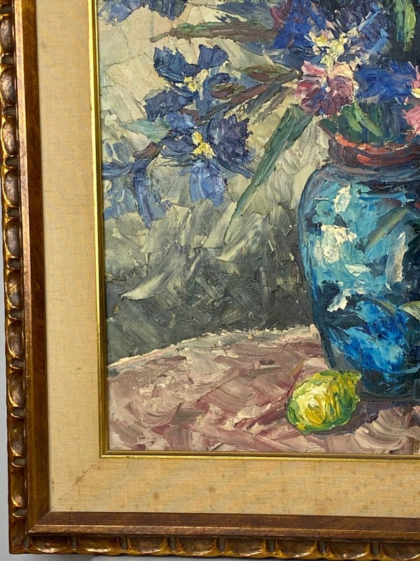 Floral Oil Painting 36x29 Gian Luigi Campanile Blue Iris 1964 Large Impasto gallery