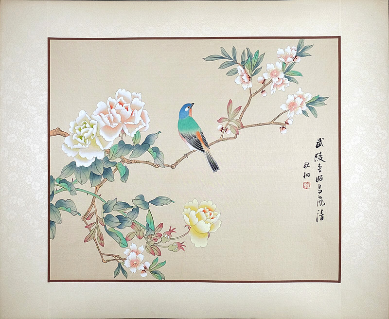 Vintage Chinese Silk Painting – Hand Painted Bird & Peony, Signed 20×24