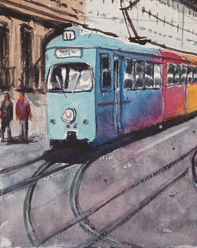 Original Watercolor Painting Colorful Tram, Germany 8" x 12" NOT A PRINT gallery