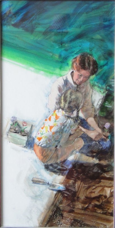 Gardening by Paul Melia – Original Charcoal Pencil Watercolor & Gouache Painting