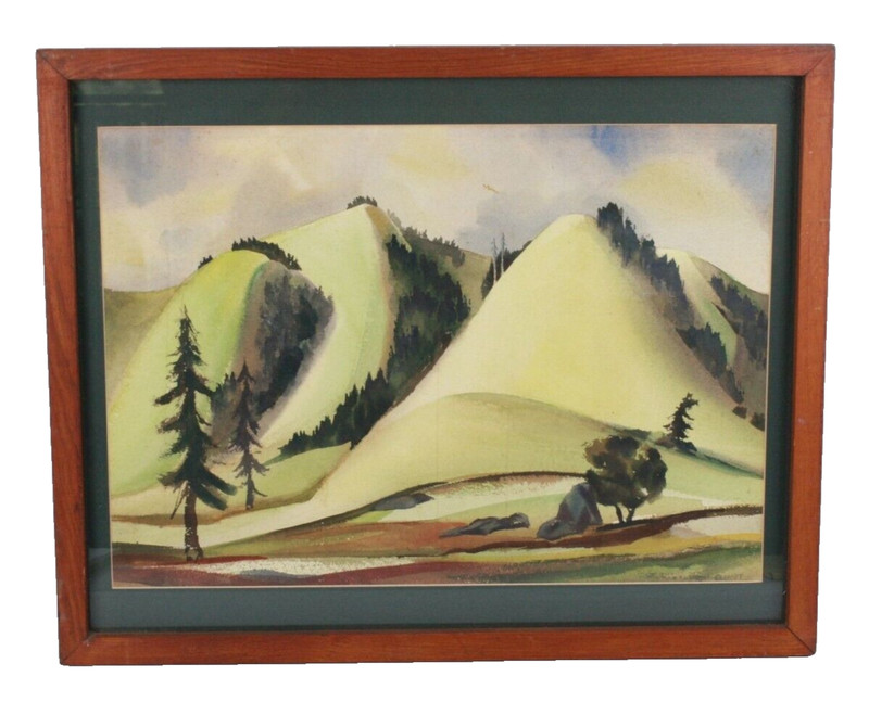 Mid Century Landscape Mountains Watercolor Painting Signed Tom Elliott