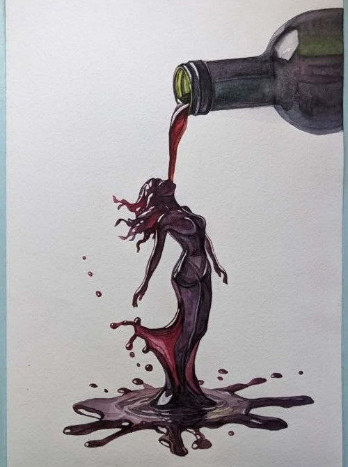 Woman Formed from Red Wine Watercolor Painting A4 Original Art Feminine Fantasy