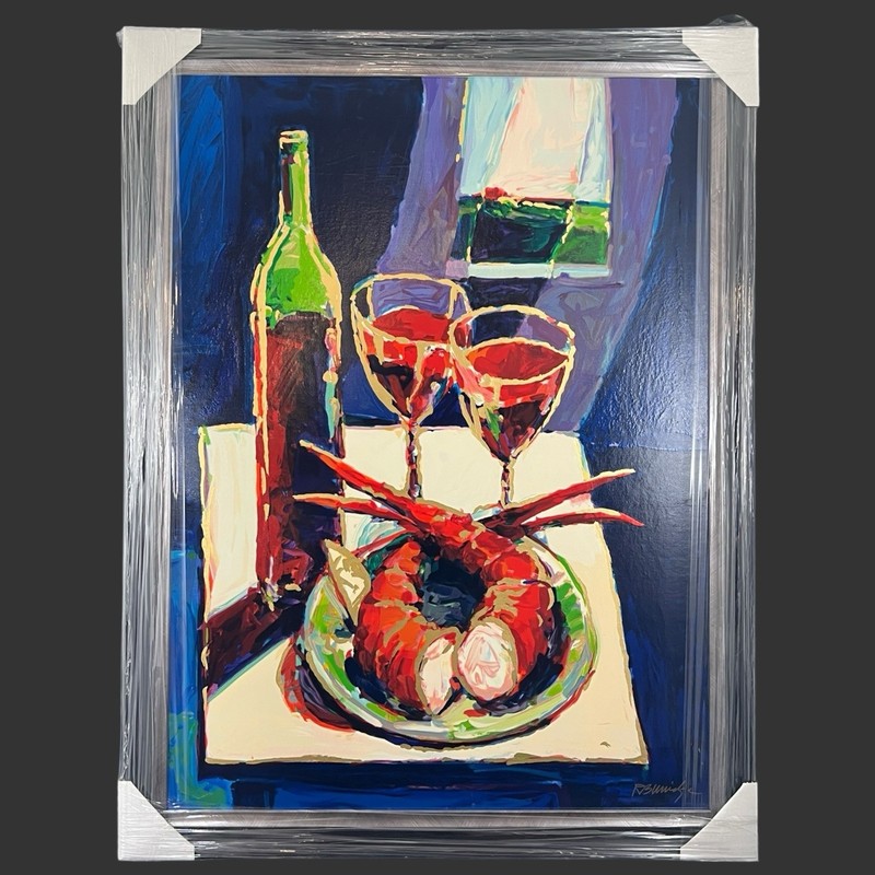 Robert Burridge «Food For Thought» Serigraph on Canvas Wine Still Life Scene