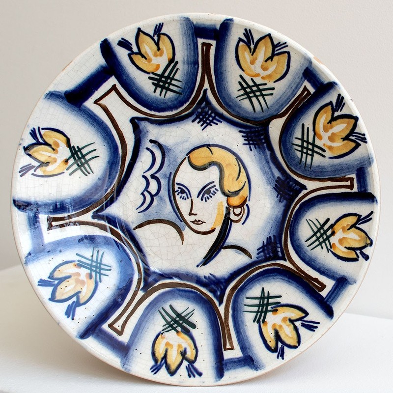 Wall Plate Ceramic Hand Painted Woman Flowers 1920s Art Deco RAKO Marked 28cm