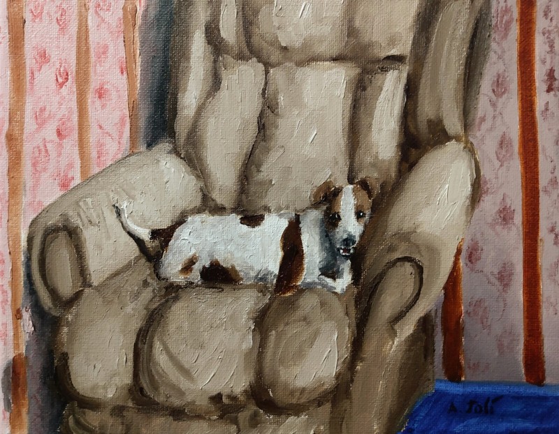 Oil Painting Dog in Chair Window Light Animals Art A. Joli