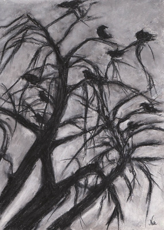 Original Spooky Gothic Crows in Tree Wildlife Pastel and Charcoal Painting gallery