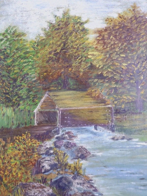 VINTAGE ORIGINAL Fall Trees Country Bridge River PAINTING Unframed approx 14×18″