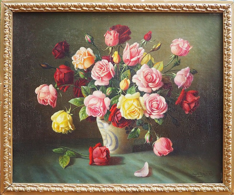 Vase with roses flower still life antique oil painting by Curt Haase Germany