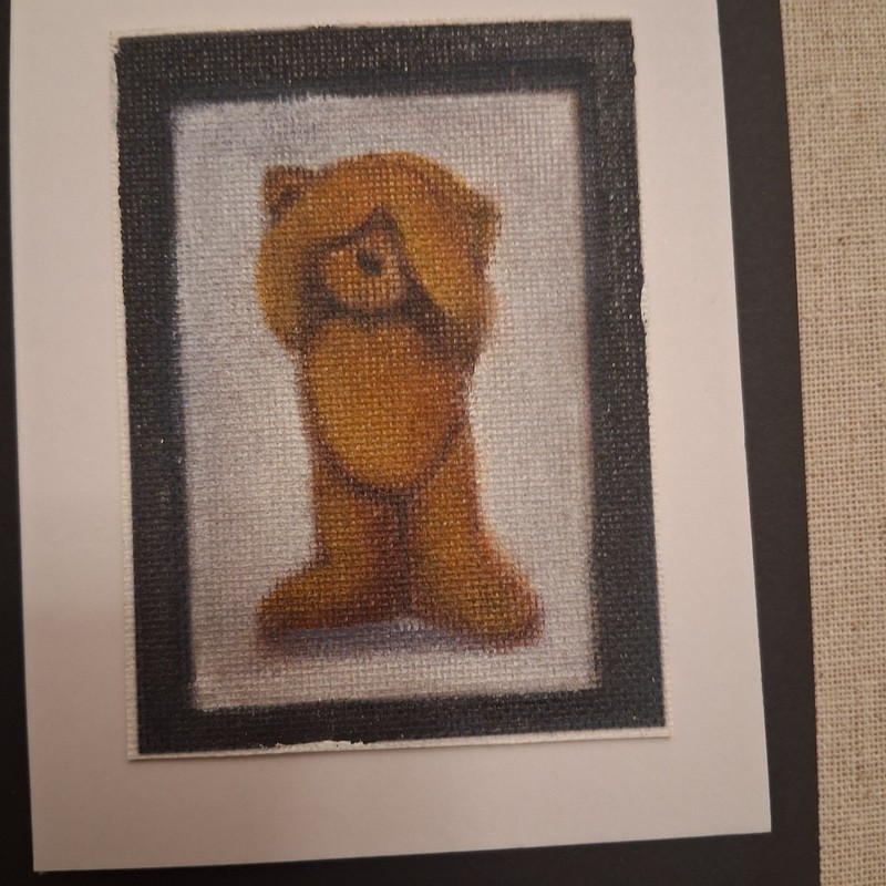 ACEO painting teddybear in a frame titled 'see no evil' by Stacy singleton gallery