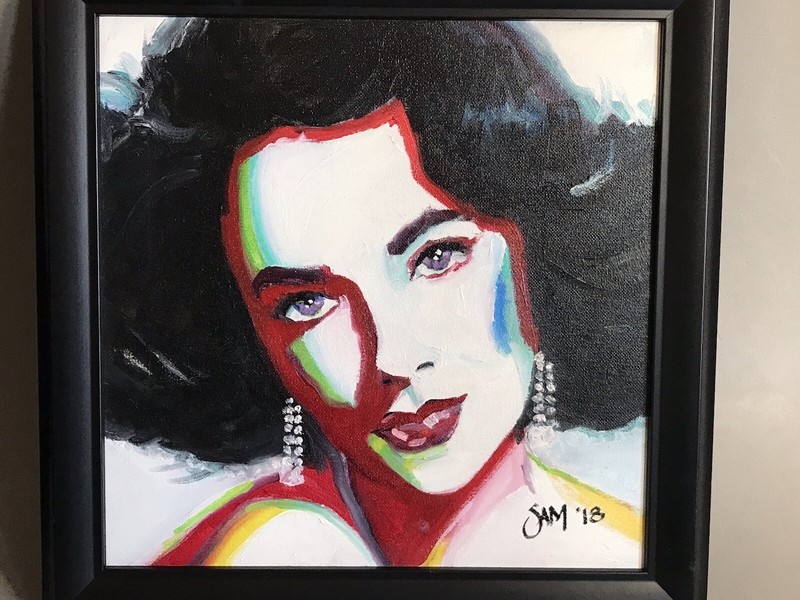 oil painting Elizabeth Taylor portrait purple eyes diamond earrings Artist Signd