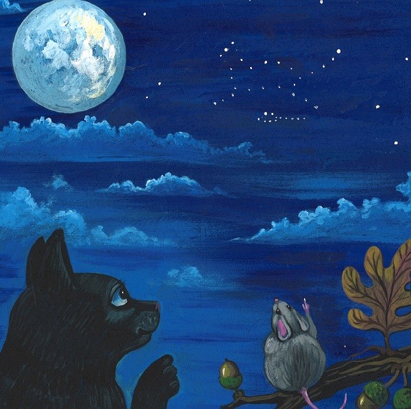 8×8 print of painting RYTA BLACK CAT MOUSE RAT ASTRONOMY Halloween Folk Art 🍁
