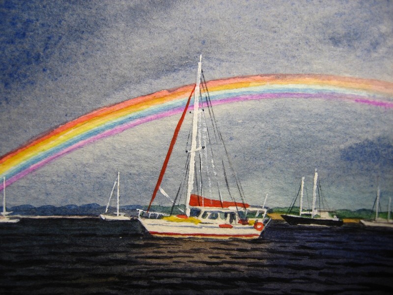 Watercolor Painting Ocean Rainbow Sailboat Boat Seascape ACEO No.40