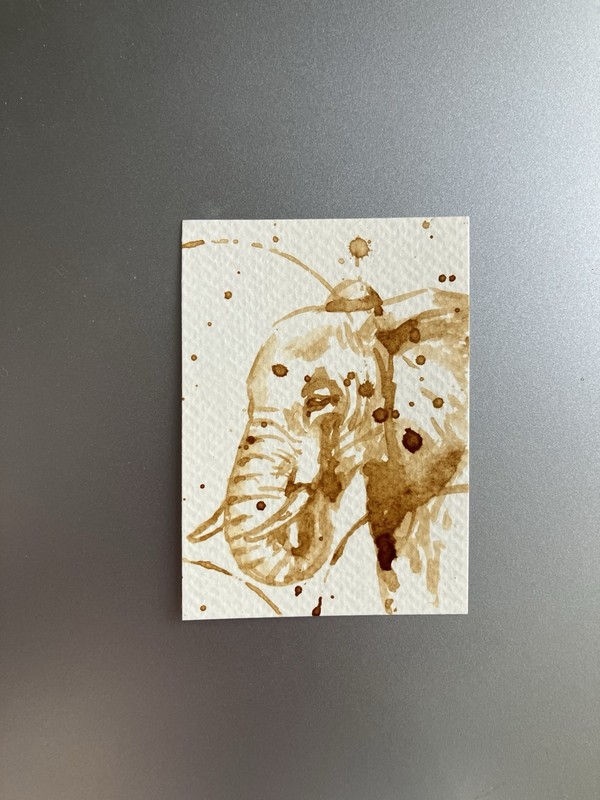 ORIGINAL Coffee Elephant Painting Animal Lover Art Aceo Gift ATC Java Artwork US